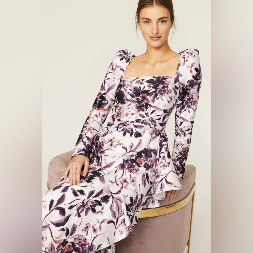 Badgley Mischka Floral Flounce Hem Gown Day Dress in Purple